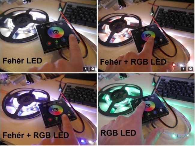 Egy megfelelő vezérlővel (pl. RGBWZJ) az RGB+White LED szalagot úgy is tudjuk irányítani, hogy egyszerre és külön-külön is világítsanak a fehér vagy színes ledek.