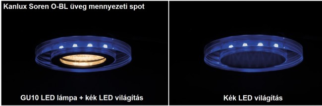 A kör alakú, kék fényű lámpatestet láthatjuk működés közben. A bal oldali képen a kiegészítő LED és a GU10 izzó is fel van kapcsolva, a jobb oldali képen a GU10 izzó le van kapcsolva és csak a LED csík kiegészítő fénye világít. 