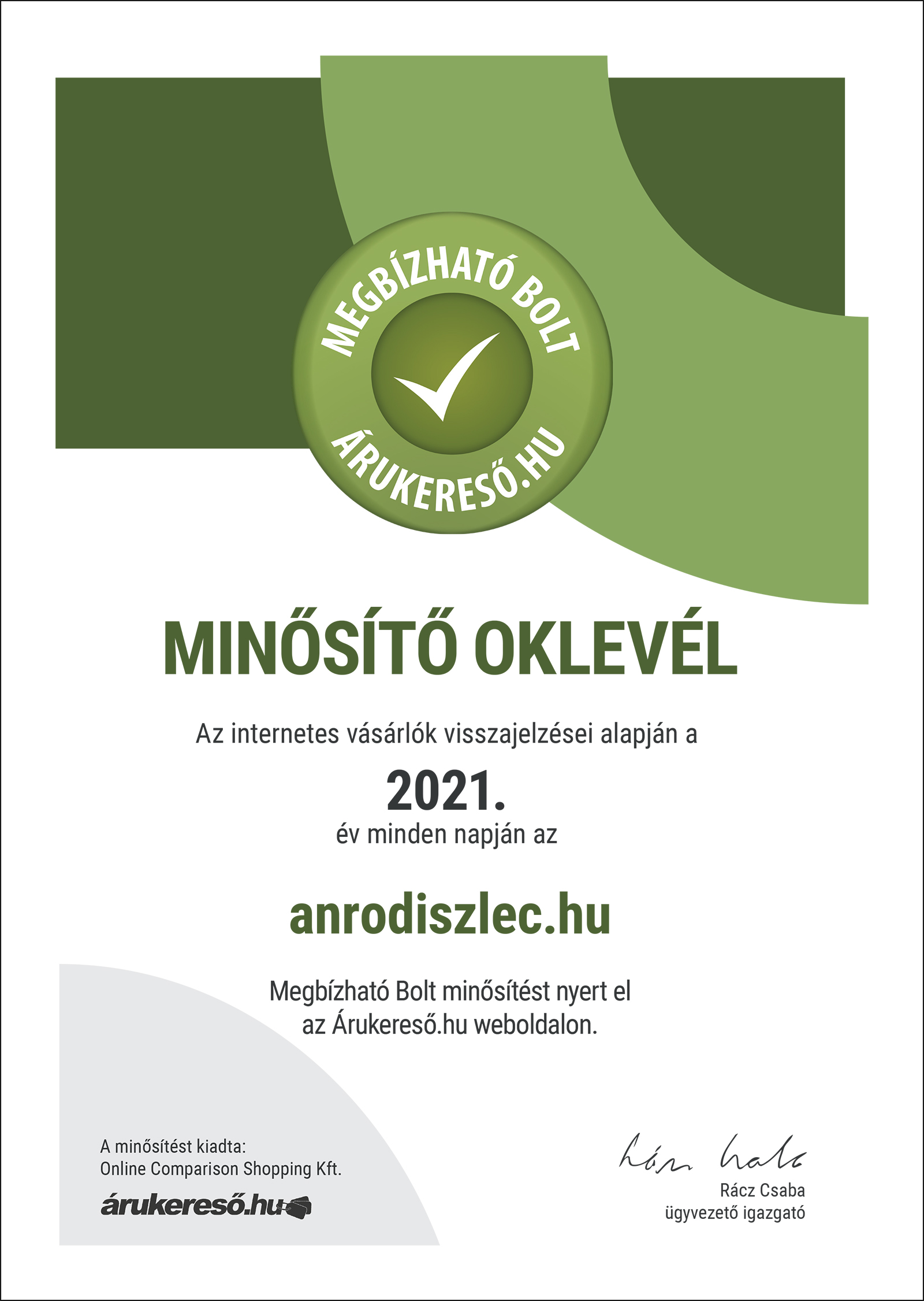 Árukereső - Megbízható Bolt oklevél 2021