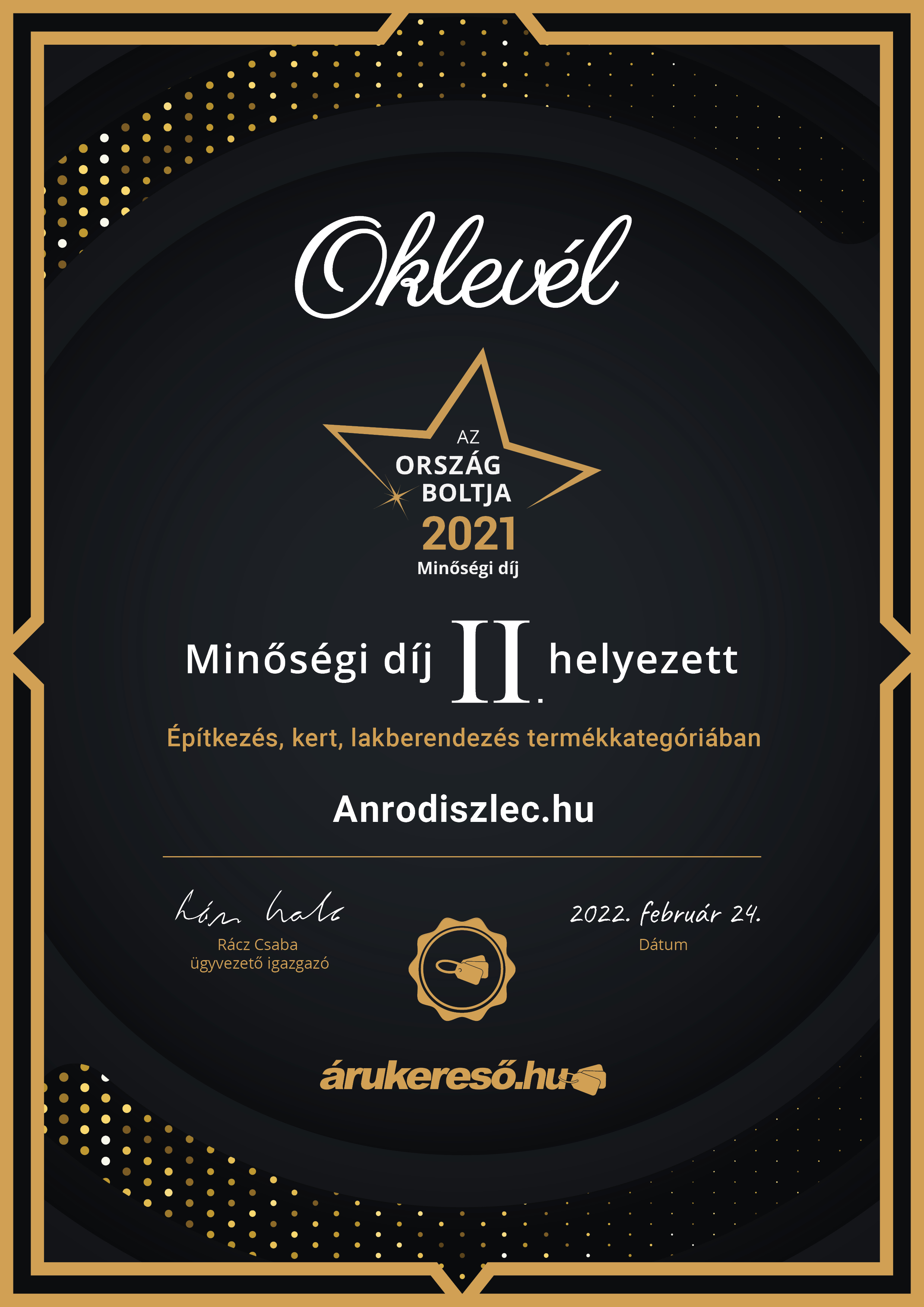 Ország Boltja 2021: Minőségi díj II. helyezés az ANRO Webáruház részére! 
