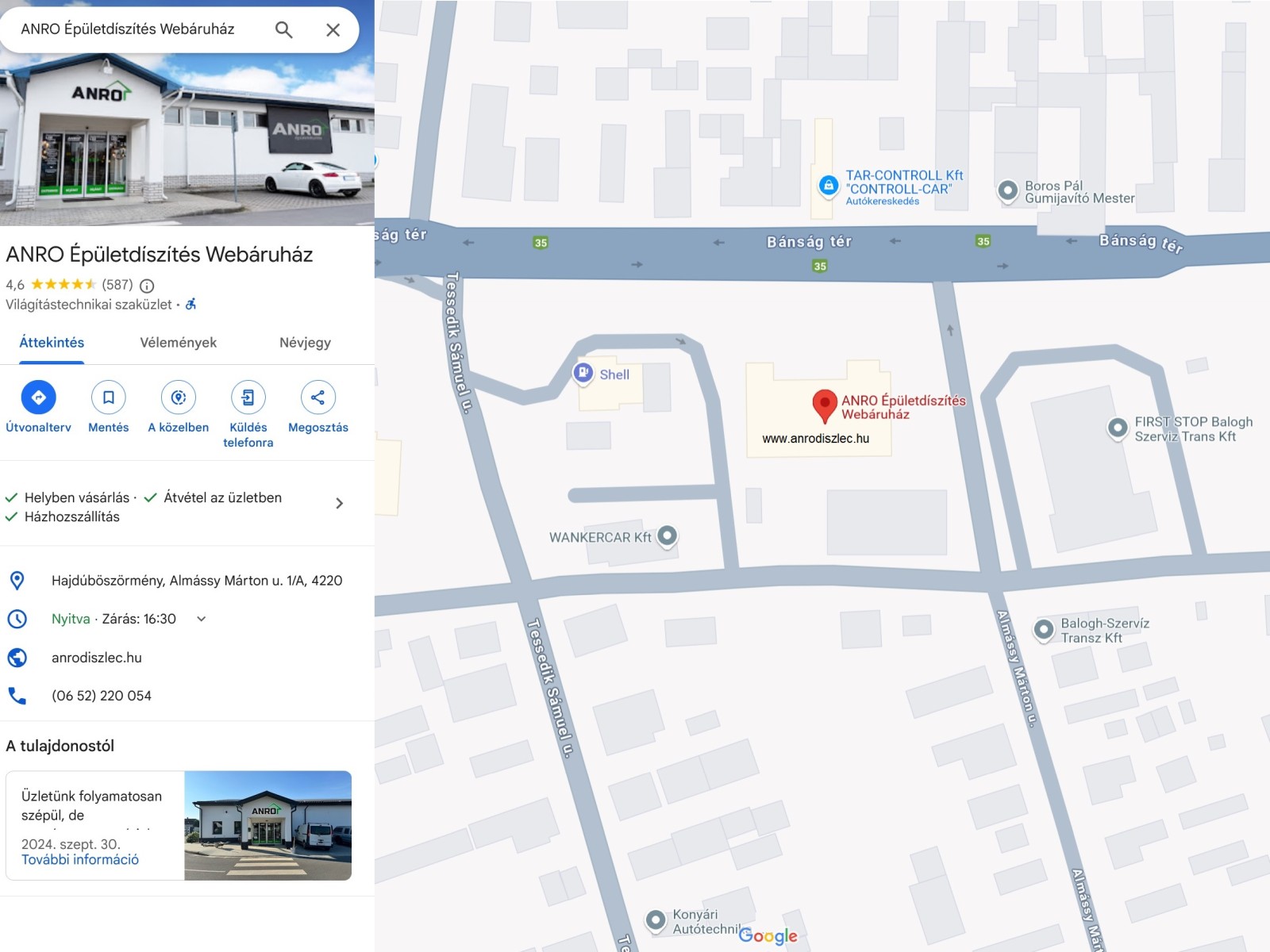 Google maps - Jutass el az ANRO Webáruház bemutatótermébe, Hajdúböszörménybe! 
