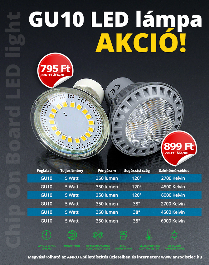 GU10-es foglalatú 5 Wattos LED lámpák 795 Ft és 899 Ft/darab áron!