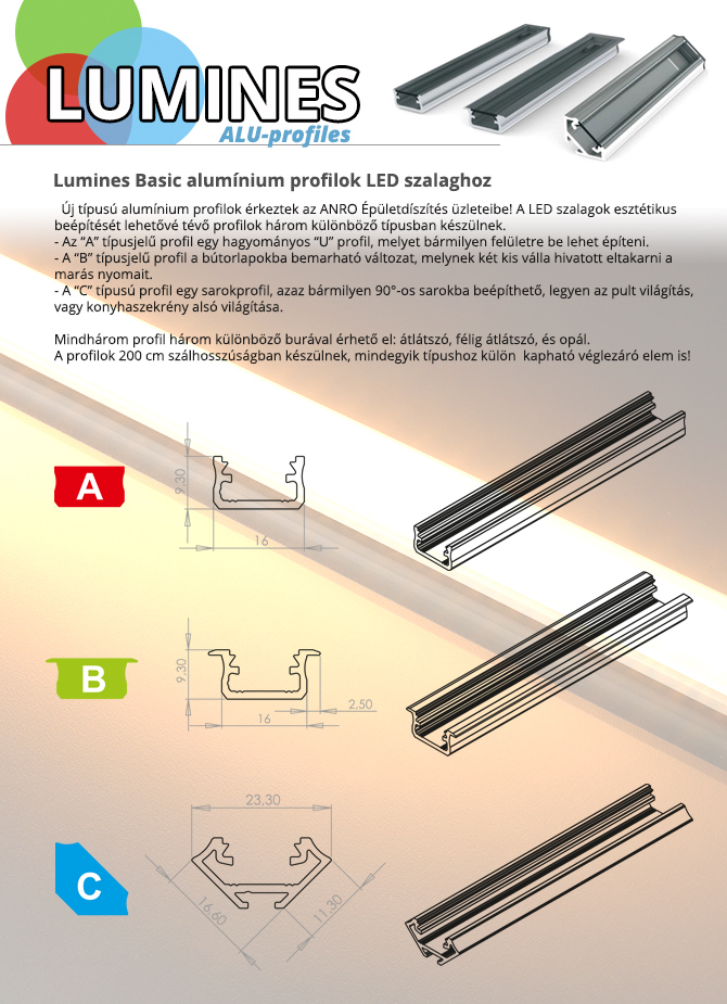 Lumines alumínium profilok LED szalaghoz Lumines alumínium profilok LED szalaghoz