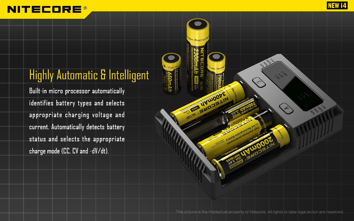 Nitecore NEW i4 - Intelligens érzékelő funkció: Automata akku típus felismerés integrált mikroprocesszor segítségével, amely kiválasztja a megfelelő töltési feszültséget és áramerősséget. Felismeri az akkuk állapotát, és ennek megfelelően automatikusan kiválasztja a töltési módot (CC, CV és –dV/dt)