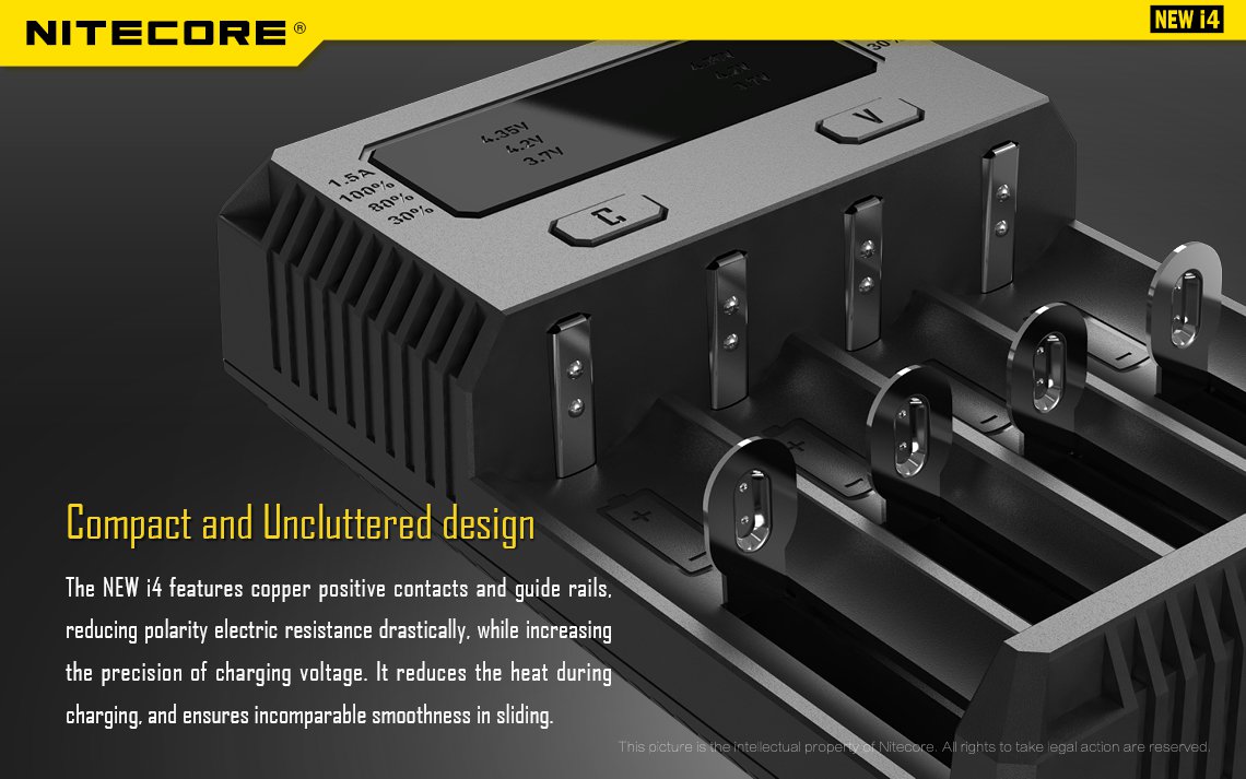 Nitecore NEW i4 - A legapróbb részletekig: 
A tiszta rézből készült, rugós akkumulátor lábak minimalizálják a kontakt ellenállást, így precízebb töltési feszültség érhető el, kevesebb hő termelődik. Könnyen állítható az elemek cseréjekor. 