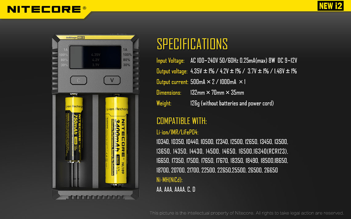 nitecore-newi2-intelligens-tolto-fekete-Specifikáció 