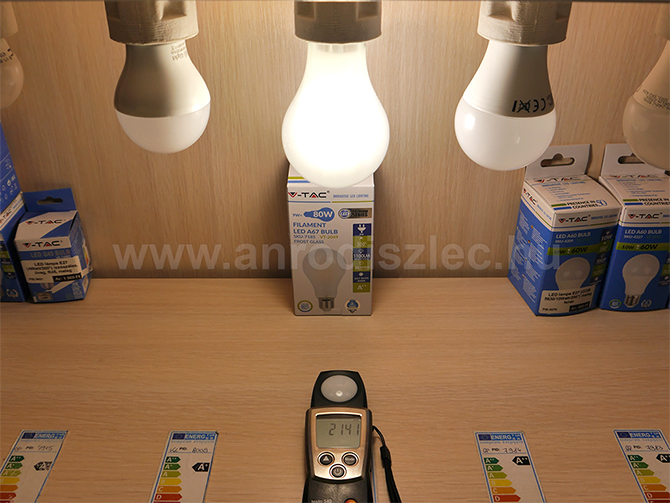 9 Wattos E27 opál burás filament LED lámpa mért megvilágítási értékei. 9 Wattos E27 opál burás filament LED lámpa mért megvilágítási értékei.