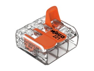 221 Wago új karos (csatos) vezeték összekötő, 3 x 6mm² vezeték nyílásos, átlátszó (30 darab)
