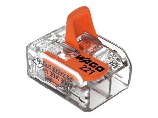 221 Wago új karos (csatos) vezeték összekötő, 2 x 6mm² vezeték nyílásos, átlátszó (50 darab)