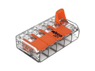 221 Wago új karos (csatos) vezeték összekötő, 5 x 6mm² vezeték nyílásos, átlátszó (15 darab)