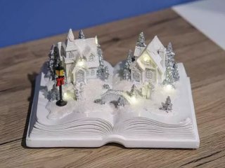 Világító asztaldísz, karácsonyi falu, elemről működő (6 LED) meleg fehér