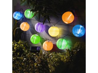 Napelemes LED fényfüzér, 10 db színes lampion - 2.5 méter, hideg fehér