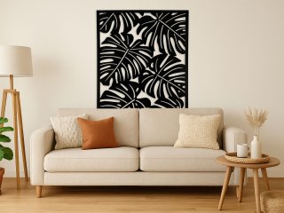 Fali dekorpanel, monstera levél minta, 90x150 cm, 3 mm HDF - Antracit
