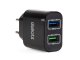 USB töltő, hálózati adapter  2 x USB A (5V/2.4A) - Fekete
