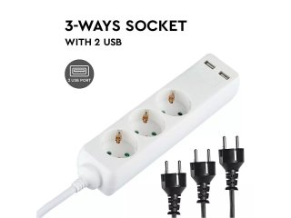 Hosszabbító 3-as elosztóval (3 földelt + 2 USB) fehér - 5 m vezetékkel