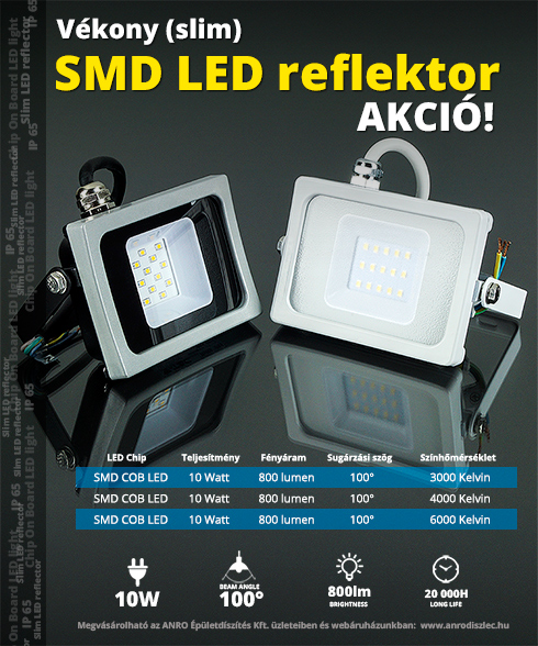 Slim SMD-W LED reflektor (10W/100°) - Meleg fényű
