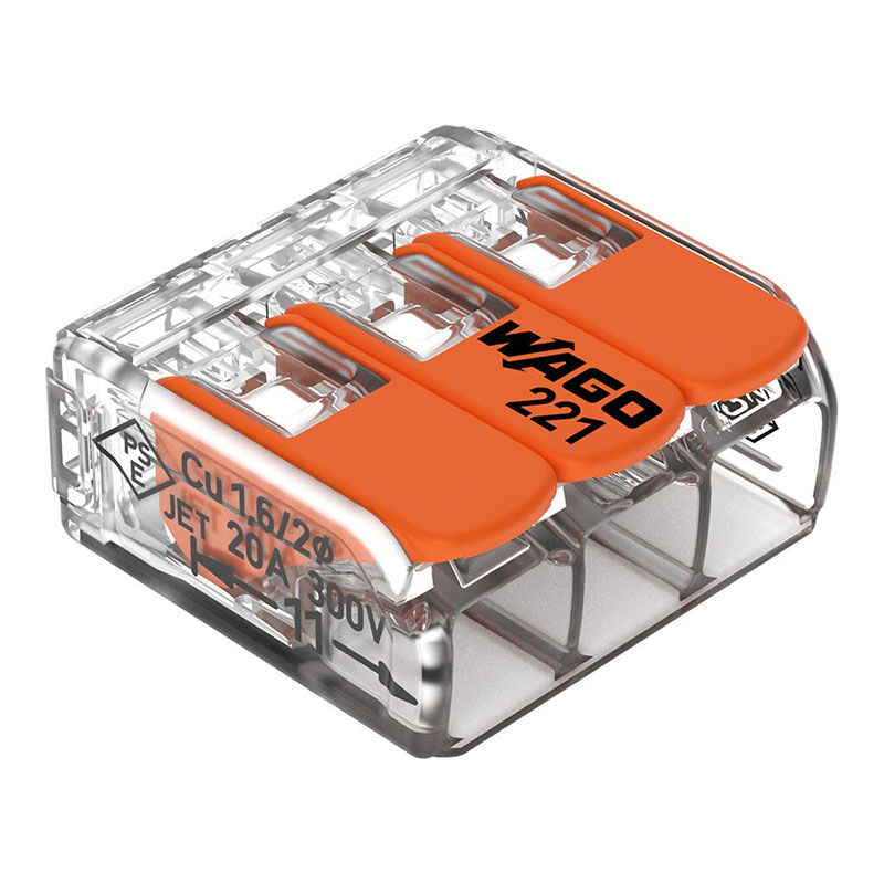 221 Wago új karos (csatos) vezeték összekötő, 3 x 4mm² vezeték nyílásos