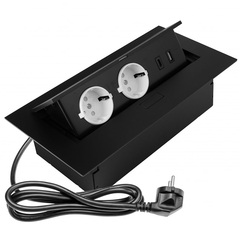 Süllyeszthető rejtett elosztó, téglalap alakú (2-es, 1 USB-A, 1 USB-C) fekete