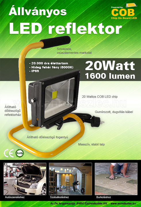 -LED reflektor 20W COB LED (állványos) Hideg fehér