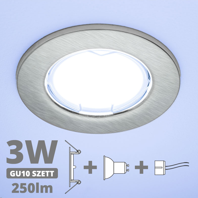 LED szpot szett: mattkróm keret + 3 Wattos, hideg fehér GU10 LED lámpa + GU10 csatlakozó (kettesével rendelhető)