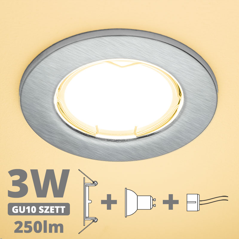 LED szpot szett: mattkróm keret + 3 Wattos, meleg fehér GU10 LED lámpa + GU10 csatlakozó (kettesével rendelhető)