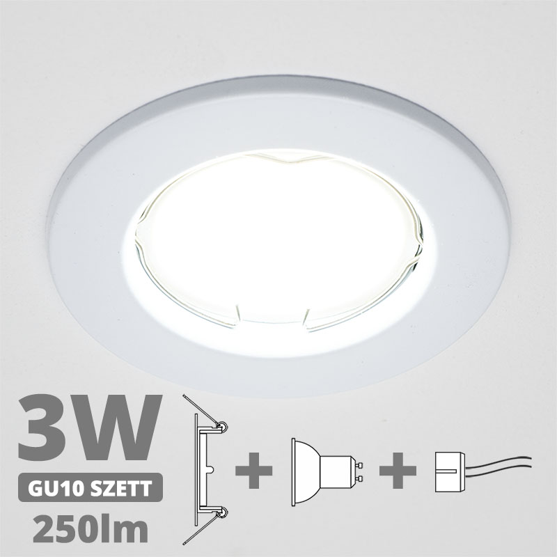 LED szpot szett: fehér keret + 3 Wattos, természetes fehér GU10 LED lámpa + GU10 csatlakozó (kettesével rendelhető)