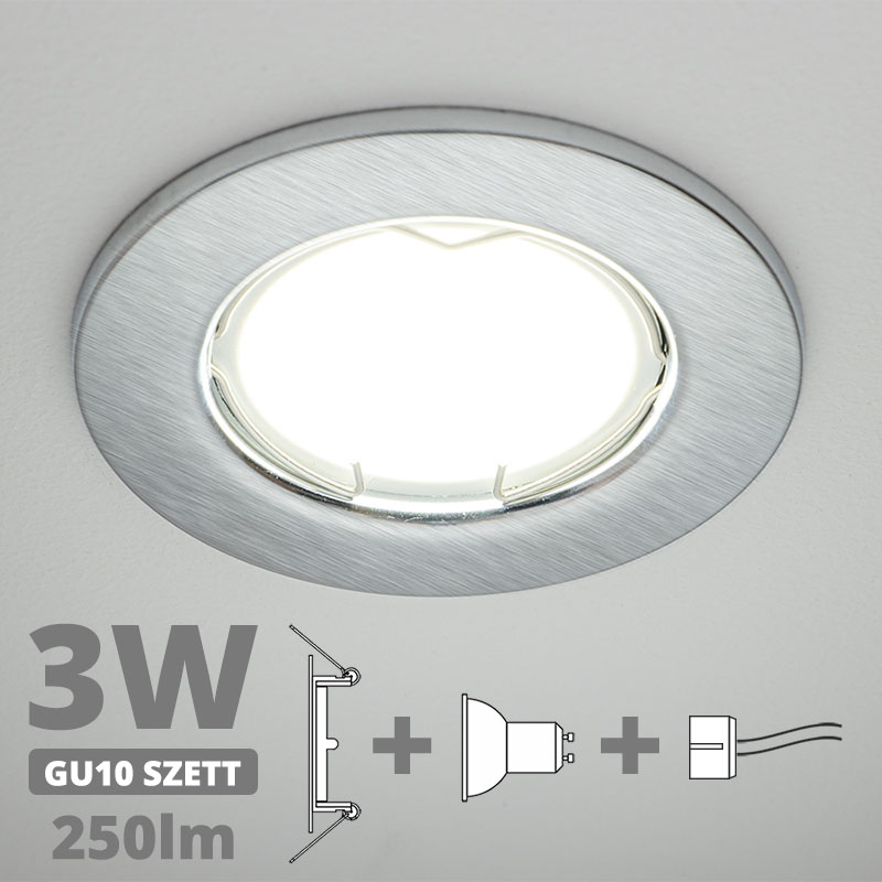 LED szpot szett: mattkróm keret + 3 Wattos, természetes fehér GU10 LED lámpa + GU10 csatlakozó (kettesével rendelhető)