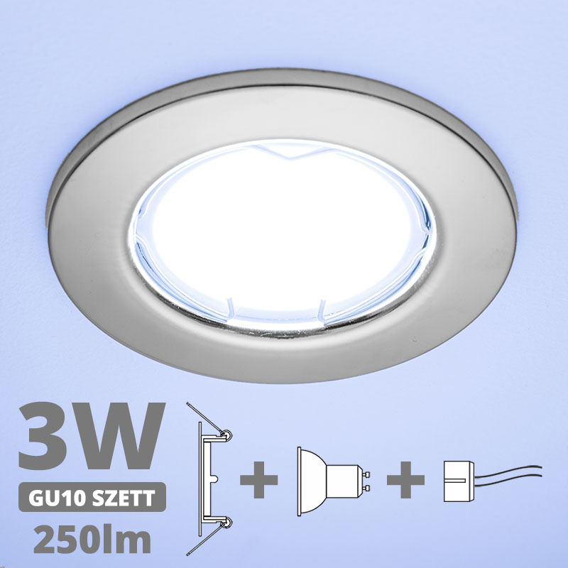 LED szpot szett: króm keret + 3 Wattos, hideg fehér GU10 LED lámpa + GU10 csatlakozó (kettesével rendelhető)