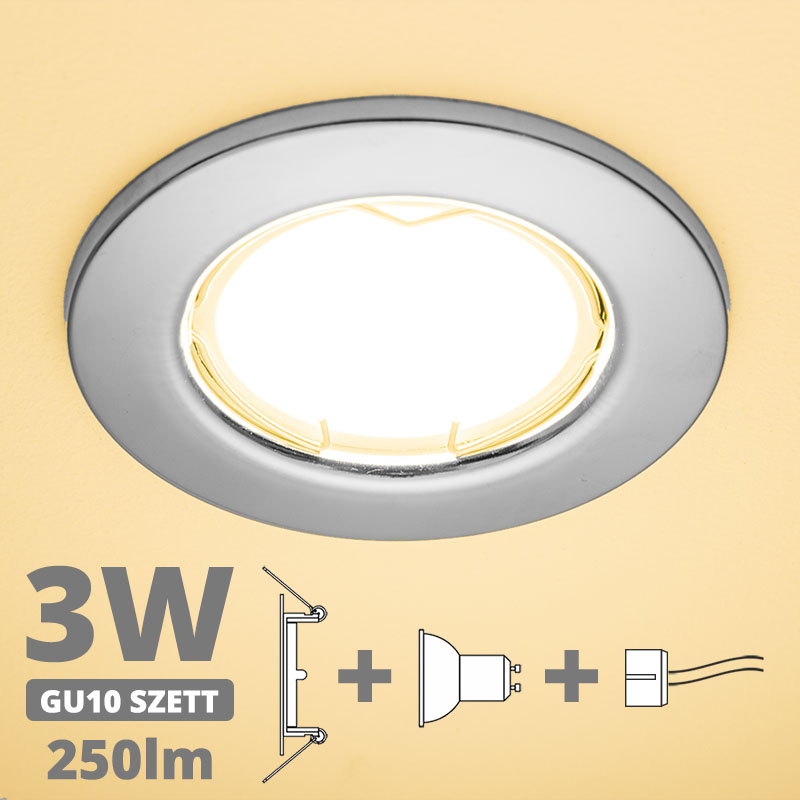 LED szpot szett: króm keret + 3 Wattos, meleg fehér GU10 LED lámpa + GU10 csatlakozó (kettesével rendelhető)