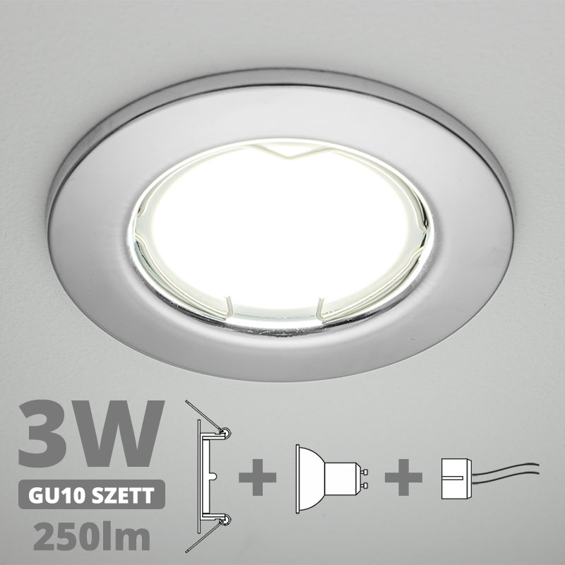 LED szpot szett: króm keret + 3 Wattos, természetes fehér GU10 LED lámpa + GU10 csatlakozó (kettesével rendelhető)