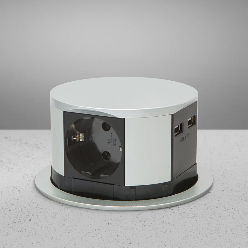 Rejtett elosztó bútorlapba építhető, kör alakú MINI (3-as+2 USB) ezüst