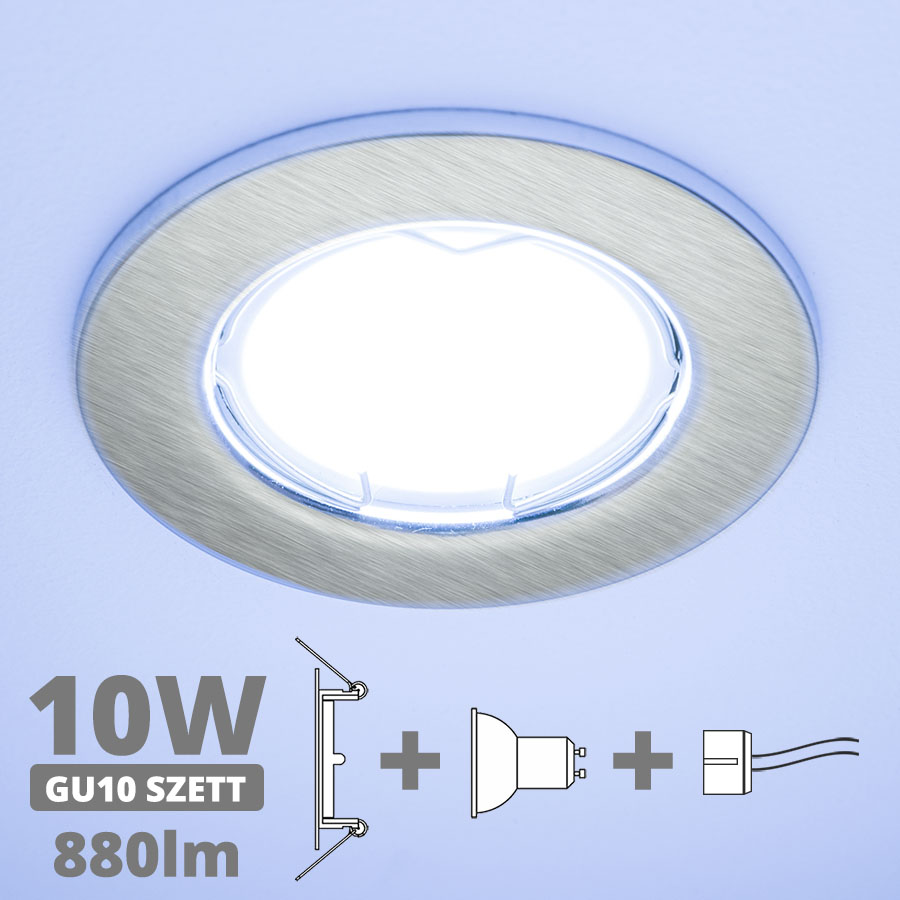 LED szpot szett: mattkróm keret + 10 Wattos, hideg fehér GU10 LED lámpa + GU10 csatlakozó (kettesével rendelhető)