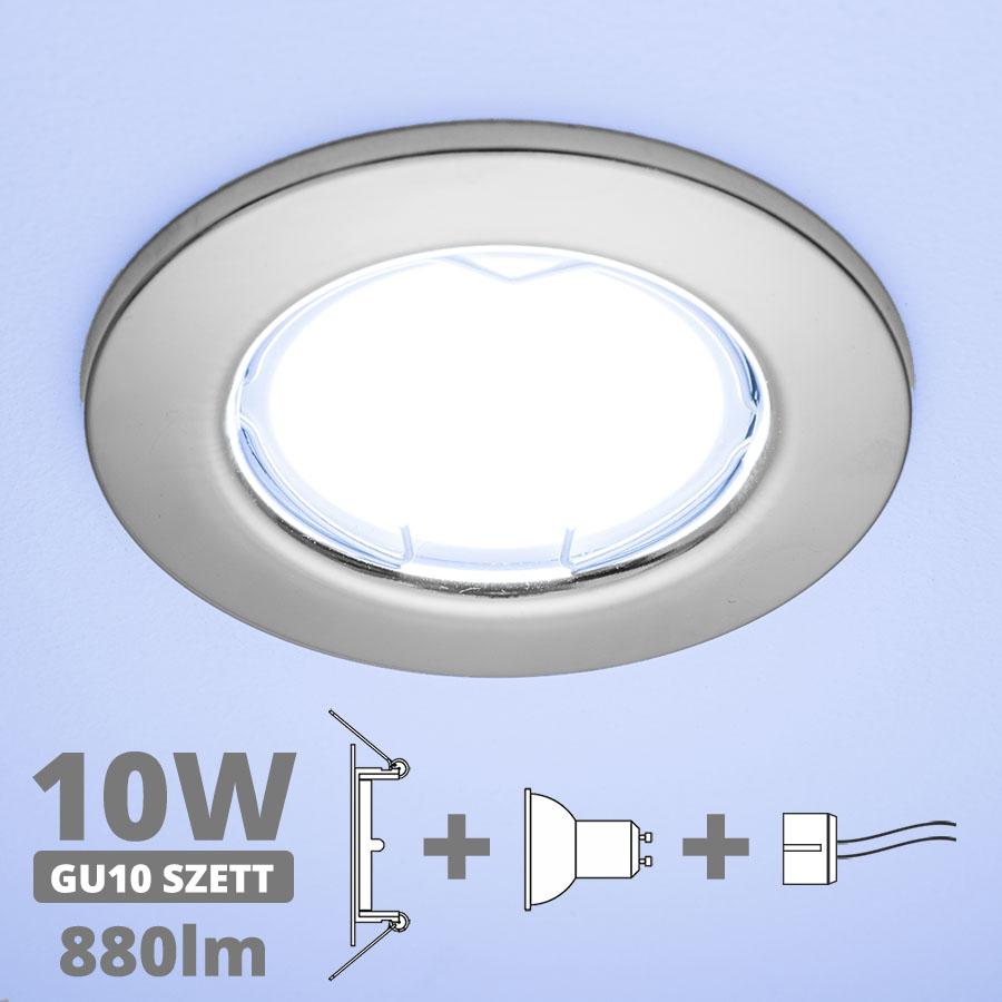LED szpot szett: króm keret + 10 Wattos, hideg fehér GU10 LED lámpa + GU10 csatlakozó (kettesével rendelhető)