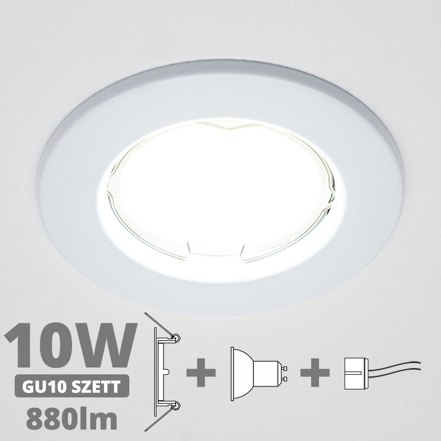 LED szpot szett: fehér keret + 10 Wattos, természetes fehér GU10 LED lámpa + GU10 csatlakozó