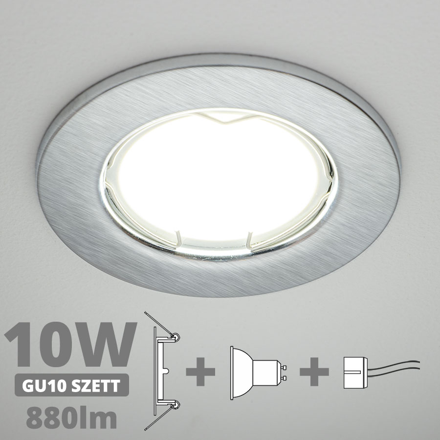 LED szpot szett: mattkróm keret + 10 Wattos, természetes fehér GU10 LED lámpa + GU10 csatlakozó (kettesével rendelhető)