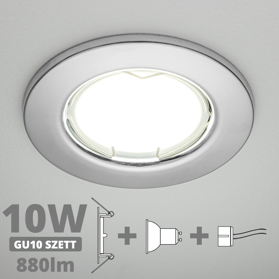 LED szpot szett: króm keret + 10 Wattos, természetes fehér GU10 LED lámpa + GU10 csatlakozó (kettesével rendelhető)
