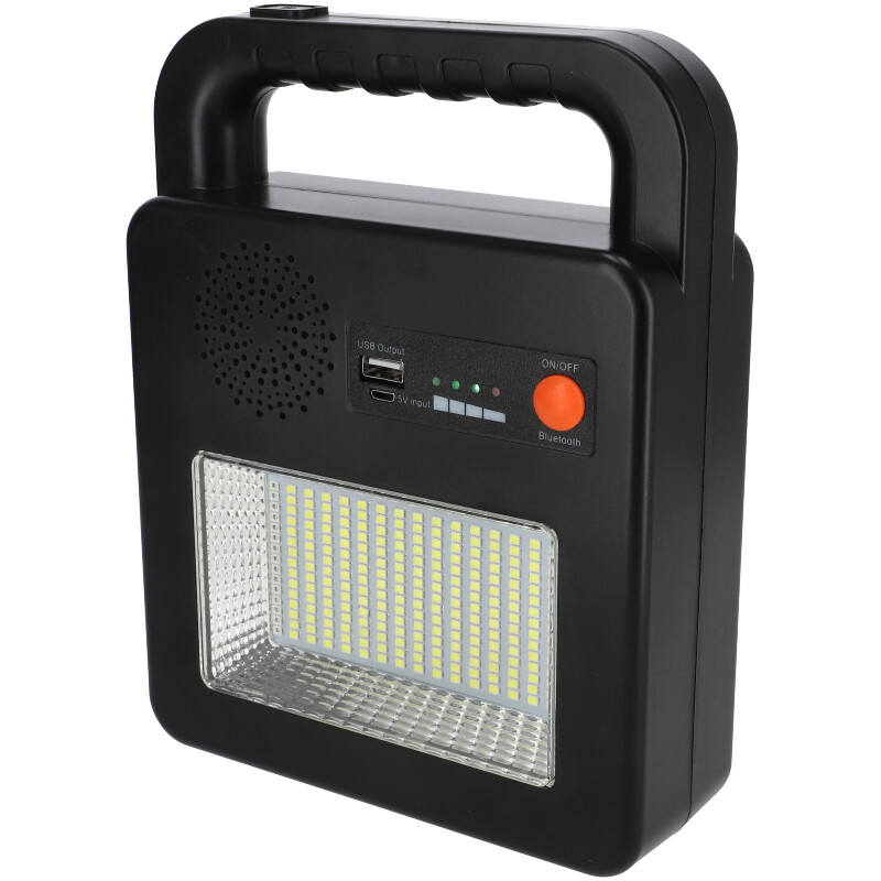 Hordozható napelemes LED reflektor + spotlámpa, SOS fény, hangszóró, PowerBank funkciók
