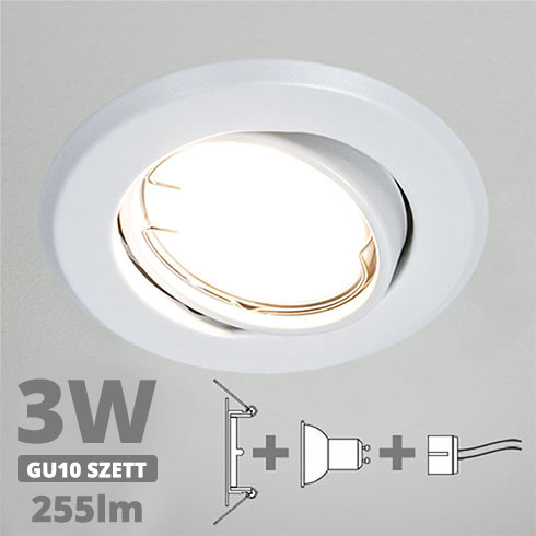 LED szpot szett: fehér bill. keret + 3 Wattos, természetes fehér GU10 LED lámpa + GU10 csatlakozó (kettesével rendelhető)