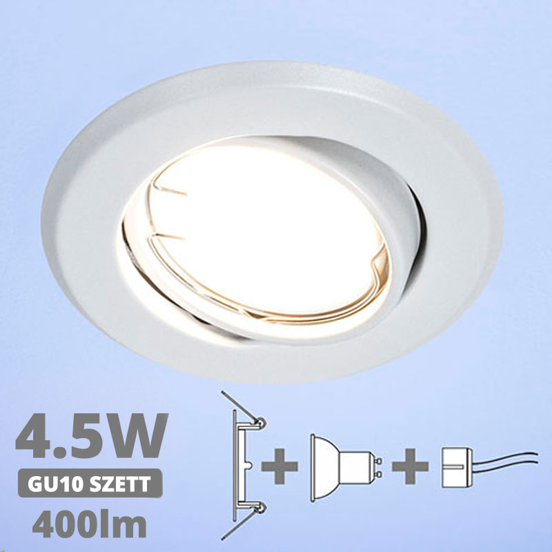LED szpot szett: fehér bill. keret + 4.5 Wattos, hideg fehér GU10 LED lámpa + GU10 csatlakozó (kettesével rendelhető)