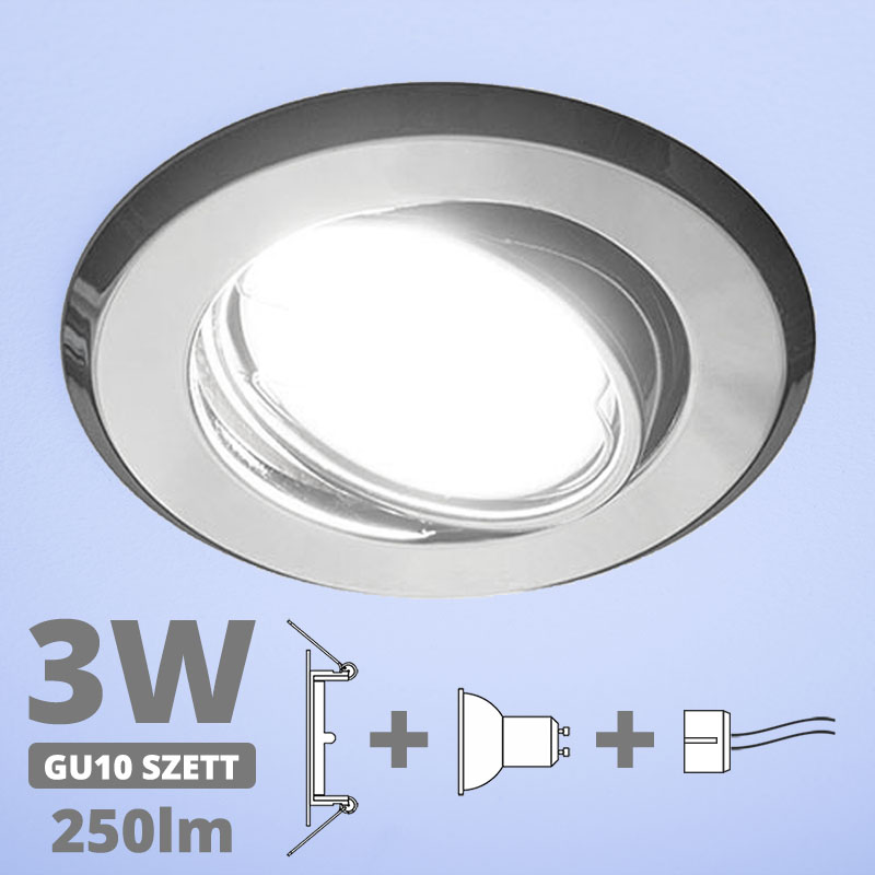 LED szpot szett: króm bill. keret + 3 Wattos, hideg fehér GU10 LED lámpa + GU10 csatlakozó (kettesével rendelhető)