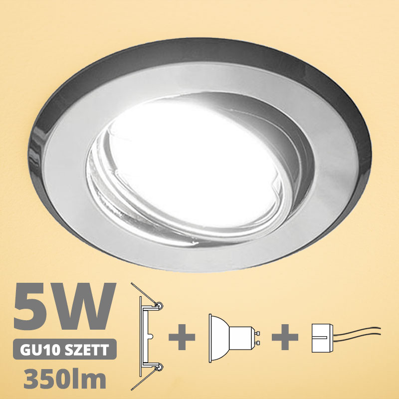 LED szpot szett: króm bill. keret + 5 Wattos, meleg fehér GU10 LED lámpa + GU10 csatlakozó (kettesével rendelhető)