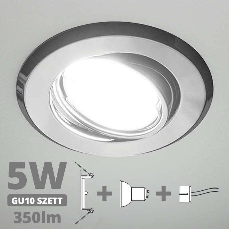 LED szpot szett: króm bill. keret + 5 Wattos, természetes fehér GU10 LED lámpa + GU10 csatlakozó (kettesével rendelhető)