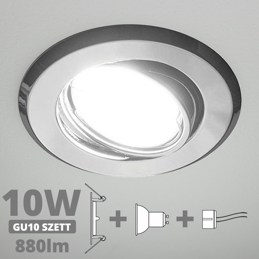 LED szpot szett: króm bill. keret + 10 Wattos, természetes fehér GU10 LED lámpa + GU10 csatlakozó