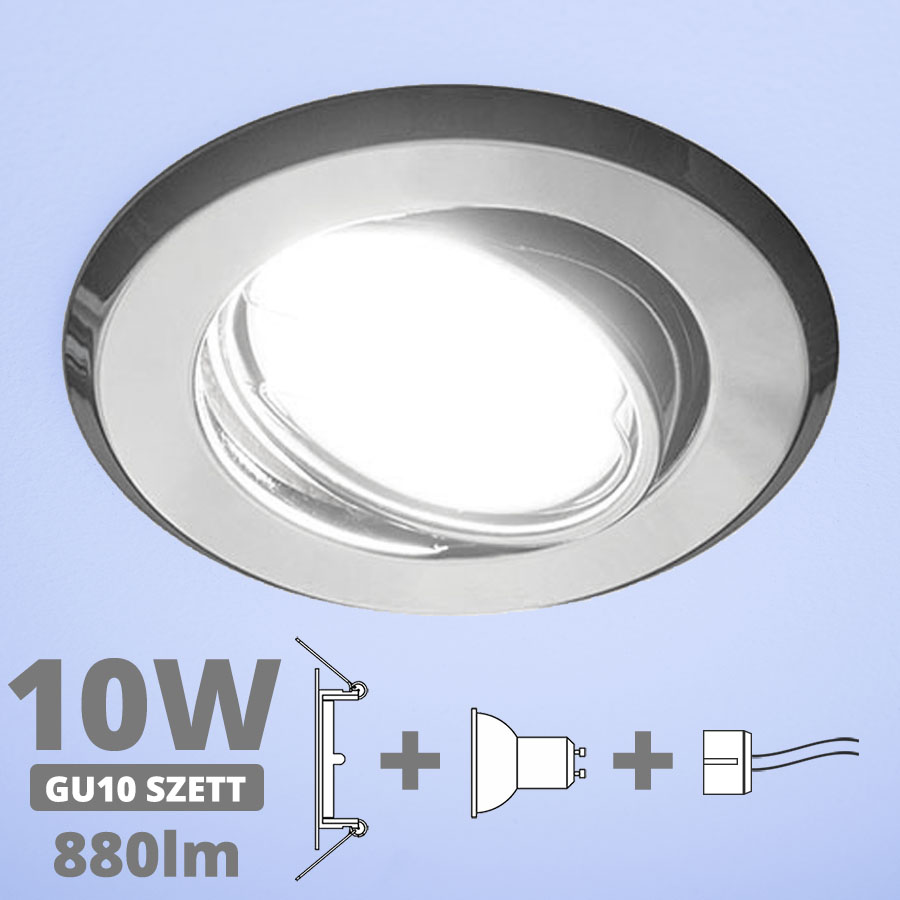 LED szpot szett: króm bill. keret + 10 Wattos, hideg fehér GU10 LED lámpa + GU10 csatlakozó