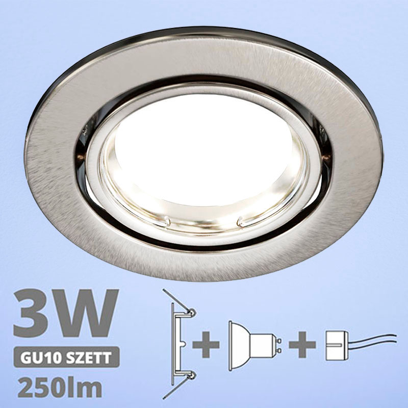 LED szpot szett: mattkróm bill. keret + 3 Wattos, hideg fehér GU10 LED lámpa + GU10 csatlakozó (kettesével rendelhető)