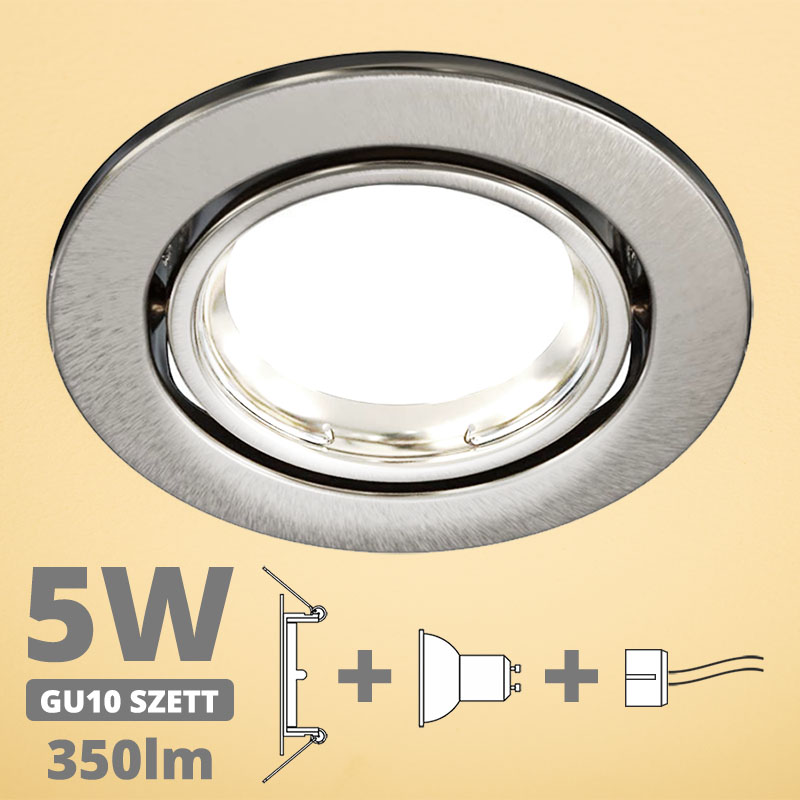 LED szpot szett: mattkróm bill. keret + 5 Wattos, meleg fehér GU10 LED lámpa + GU10 csatlakozó (kettesével rendelhető)