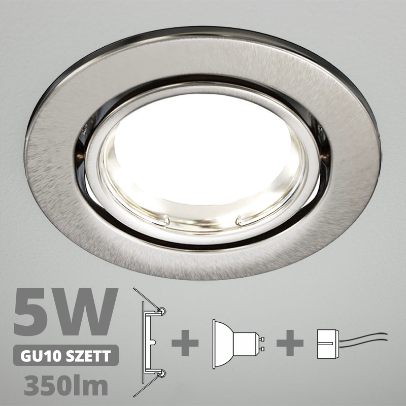 LED szpot szett: mattkróm bill. keret + 5 Wattos, természetes fehér GU10 LED lámpa + GU10 csatlakozó (kettesével rendelhető)
