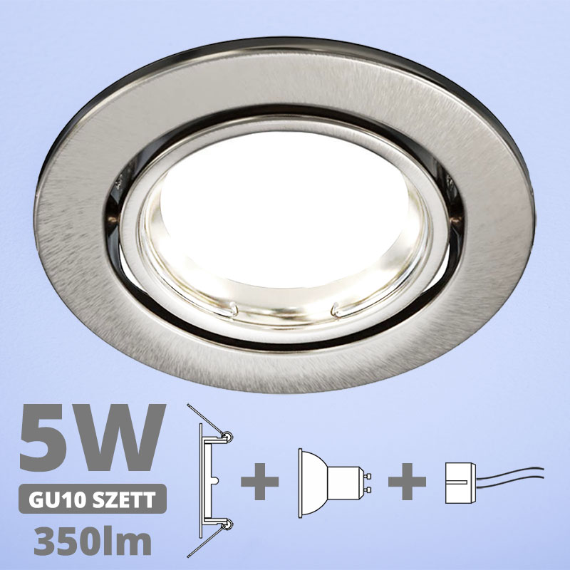LED szpot szett: mattkróm bill. keret + 4.5 Wattos, hideg fehér GU10 LED lámpa + GU10 csatlakozó (kettesével rendelhető)