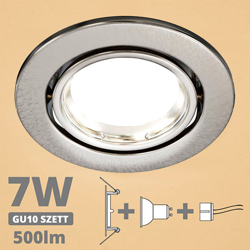 LED szpot szett: mattkróm bill. keret + 7 Wattos, meleg fehér GU10 LED lámpa + GU10 csatlakozó (kettesével rendelhető)