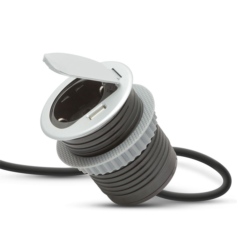Rejtett elosztó, bútorlapba építhető, kör alakú (1-es+1 USB) ezüst